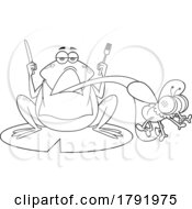 Cartoon Black And White Frog With Silverware Catching A Fly