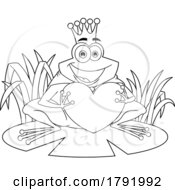 Cartoon Black And White Frog Prince Or King Holding A Heart
