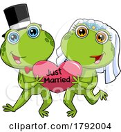 Poster, Art Print Of Cartoon Frog Wedding Couple Holding A Just Married Heart