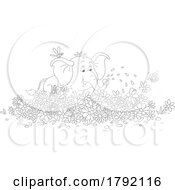 Cartoon Black And White Elephant Watering A Garden