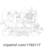 Cartoon Black And White Elephant Painting Flowers
