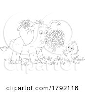 Cartoon Black And White Elephant Giving Flowers To A Chick