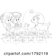 Cartoon Black And White Children And Goats