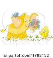 Cartoon Elephant Giving Flowers To A Chick