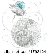 Poster, Art Print Of Cartoon Alien Flying A Ufo Around The Moon