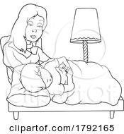 Cartoon Black And White Sick Boy In Bed And His Mother