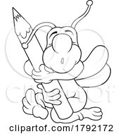 Cartoon Black And White Beetle Hugging A Pencil