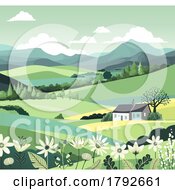 Poster, Art Print Of Fields Hills Flowers House Landscape Background