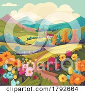 Poster, Art Print Of Fields Landscape Flowers Farm House Background