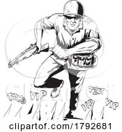 Poster, Art Print Of World War Two American Gi Soldier Running With Rifle Front View Comics Style Drawing