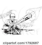 World War Two American Gi Soldier Aiming Firing Machine Gun Front View Comics Style Drawing