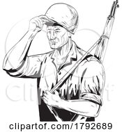 World War Two American Gi Soldier Tipping Helmet Side View Comics Style Drawing