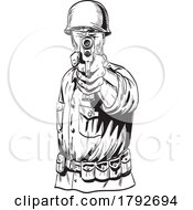 Poster, Art Print Of World War Two American Gi Soldier Aiming Pistol Viewed From Front Comics Style Drawing