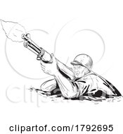 World War Two American Gi Soldier Aiming Firing Rifle Front Low Angle View Comics Style Drawing