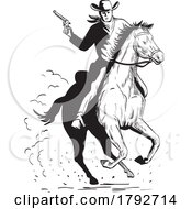 Cowboy With Pistol Riding A Galloping Horse Comics Style Drawing