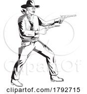 Poster, Art Print Of Cowboy With Two Pistol Revolver Aiming Side View Comics Style Drawing