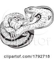 Poster, Art Print Of Honey Badger Fighting Biting King Cobra Snake Comics Style Drawing