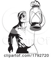 Poster, Art Print Of Man Holding Farmers Light Up Lantern Low Angle Comics Style Drawing