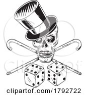 Skull Wearing Top Hat With Crossed Cane And Dice Front View Comics Style Drawing