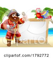 Poster, Art Print Of Cartoon Pirate Captain And Parrot Beach Background