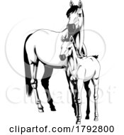 Cartoon Grayscale Horse And Foal