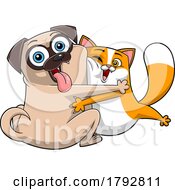 Cartoon Pug Dog And Cat Hugging