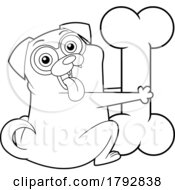 Cartoon Excited Pug Dog Holding A Giant Bone In Black And White