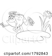 Cartoon Frog Leaping From A Lily Pad In Black And White