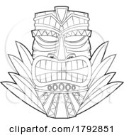 Poster, Art Print Of Cartoon Tribal Tiki Mask And Leaves In Black And White