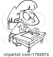 Cartoon Black And White School Girl Writing In Cursive