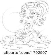 Cartoon Black And White Clipart Mermaid Waving From A Rock