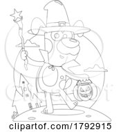 Cartoon Black And White Clipart Trick Or Treating Halloween Dog Near A Castle