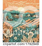 Poster, Art Print Of Fields Rolling Hills Farm Land Flowers Background