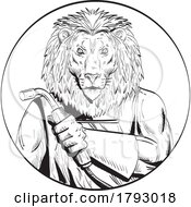 Lion Welder With Welding Torch Circle Line Drawing Black And White