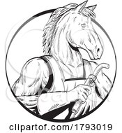Poster, Art Print Of Horse Stallion With Welding Torch Circle Line Drawing Black And White