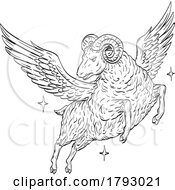 Poster, Art Print Of Ram Sheep With Wings Flying In Night Sky Symbol Of The Golden Fleece Comics Style Drawing