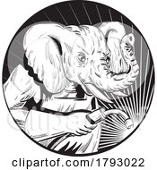 Poster, Art Print Of Elephant With Welding Torch Circle Line Drawing Black And White