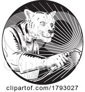 Poster, Art Print Of Mountain Lion Or Cougar With Welding Torch Circle Line Drawing Black And White