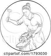 Poster, Art Print Of Female Blacksmith Farrier Working On Horseshoe Anvil Front View Comics Style Drawing