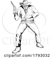 Poster, Art Print Of Cowboy With Pistol Drawn In Gunfight Viewed From The Front View Comics Style Drawing