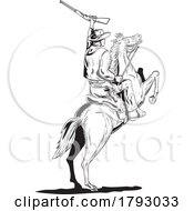 Poster, Art Print Of Cowboy Holding Up Rifle Riding Prancing Horse Rear View Comics Style Drawing