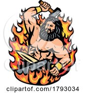 Poster, Art Print Of Hephaestus Greek God Of Forge And Fire Wielding Blacksmith Hammer Mascot Cartoon Retro