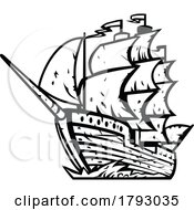 Poster, Art Print Of El Caleuche The Enchanted Ship Or The Ghost Ship Retro Woodcut Black And White