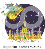 Poster, Art Print Of Cartoon Dragon Flying Over A Castle