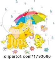 Poster, Art Print Of Cartoon Elephant Holding An Umbrella Over A Chick