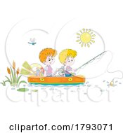 Poster, Art Print Of Cartoon Dog And Boys Fishing In A Raft