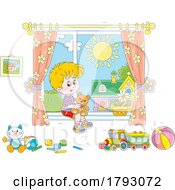 Cartoon Boy Holding A Teddy Bear On A Window Seat
