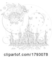 Poster, Art Print Of Cartoon Black And White Dragon Flying Over A Castle
