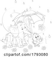 Cartoon Black And White Elephant Holding An Umbrella Over A Chick