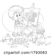 Poster, Art Print Of Cartoon Black And White Boy Painting Flowers